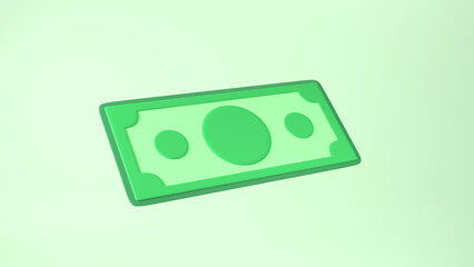 single green dollar banknote isolated on light-green background, 3D rendering