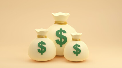 Money pouches or bags among ns on cream background, 3D rendering