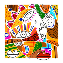 Colorful abstract man ,woman, face portrait hand drawn vector illustration. Artistic and ethnic style design for art,cover, poster, card background.
