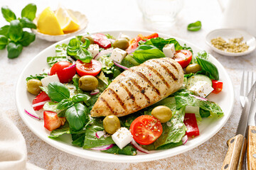 Grilled chicken fillet and fresh green leafy vegetable salad with tomatoes, red onion, olives and feta cheese. Healthy food. Ketogenic lunch
