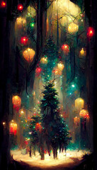 Naklejka premium christmas night in christmas tree forest illustration Generative AI Content by Midjourney