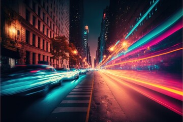 City street at night with colorful light trails - Generative AI image