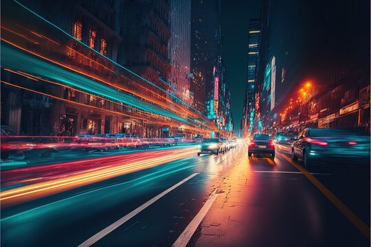 City street at night with colorful light trails - Generative AI image