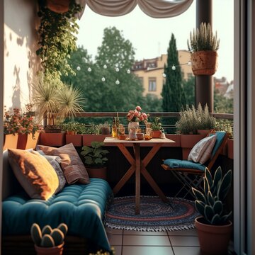 balcony decorated with plants. Generative AI
