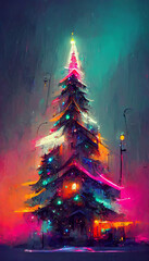 christmas snow christmas tree colorful neon lights illustration Generative AI Content by Midjourney