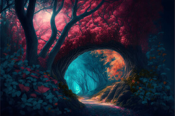 Path under a tree in a fantastic forest. Landscape of the colorful fantasy forest. Generative AI