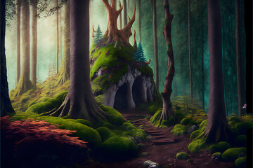 Photorealistic fantasy forest with isolated tree hut. Otherworldly nature landscape. Generative AI
