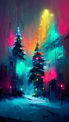 christmas snow christmas tree colorful neon lights illustration Generative AI Content by Midjourney