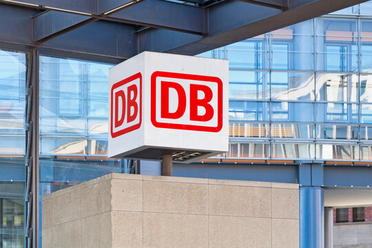 Berlin, Germany - June 02 2019: Deutsche bahn sign at the entrance of the Berlin main station (German: Berlin Hauptbahnhof).