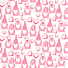 Valentine Day gnomes and hearts on white background. Seamless pattern with pink love elfs for fabric, wrap paper or kids apparel