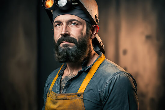 Portrait of professional welder in workwear at factory. Photorealistic image made by generative AI based on real photo
