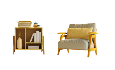 Wooden armchair and yellow cabinet
