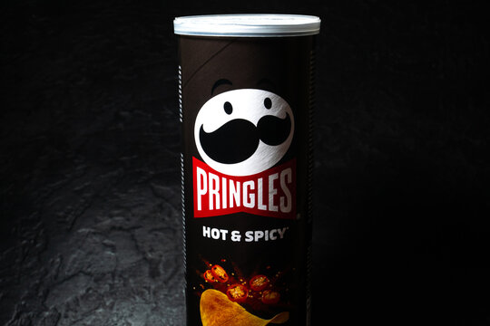 LVIV, UKRAINE - January 25, 2023 : Pringles potato chips Hot and Spicy.