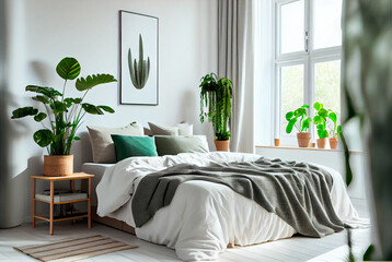 Scandinavian style bedroom illustration with natural wood furniture and plants. Generative AI