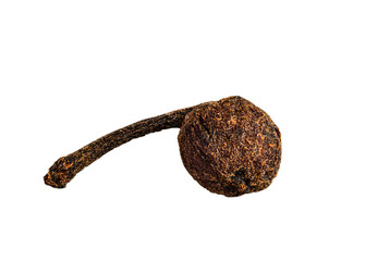 .macro shot of one pea bourbon pepper with a tail from madagascar isolated on black background. Voatsiperifery pepper