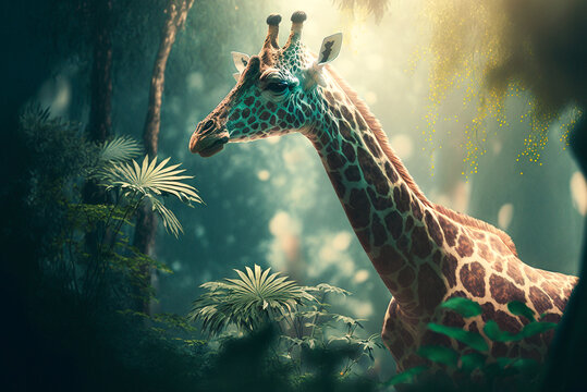 Illustration of a tropical rainforest with giraffed.Generative AI