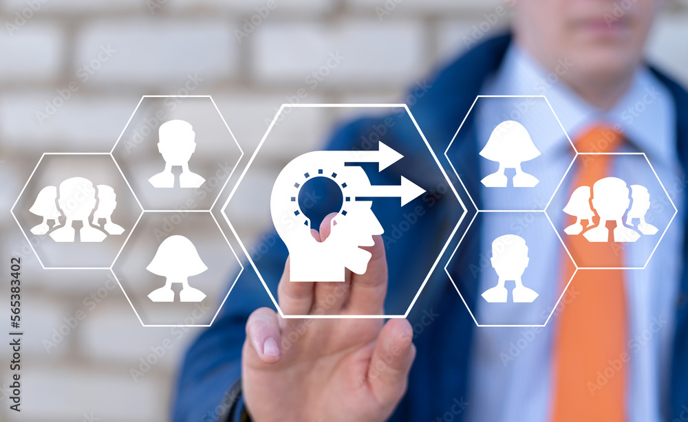 Poster businessman using virtual touchscreen presses icon: head with lightbulb and forward arrows. forward 