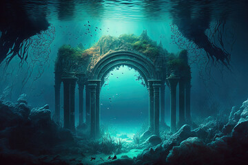 Fantasy underwater seascape with lost city. Generative AI - obrazy, fototapety, plakaty