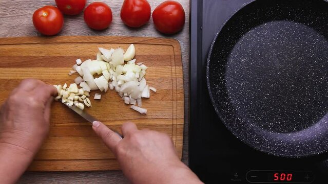 Garlic cherry tomatoes finely diced for salad, sauce, second course