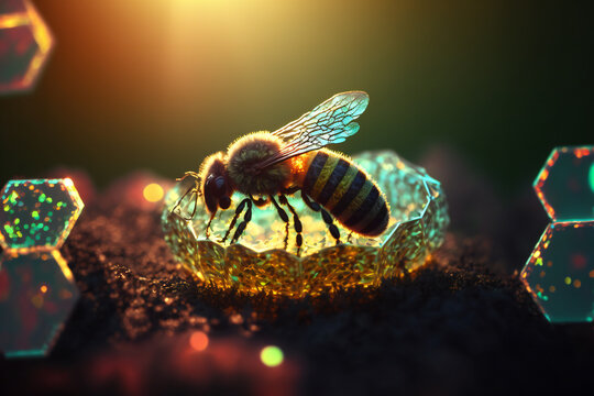 A bee hard at work, building wax comb inside a hive, with drops of honey on its body