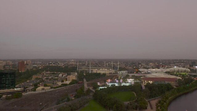 Big reveal of Southbank, Melbourne, Australia looking from the south east to show the arts prescient in it's entirety.