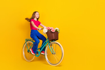 Photo of pretty cheerful lady wear trendy vintage clothes riding road look street empty space isolated on yellow color background