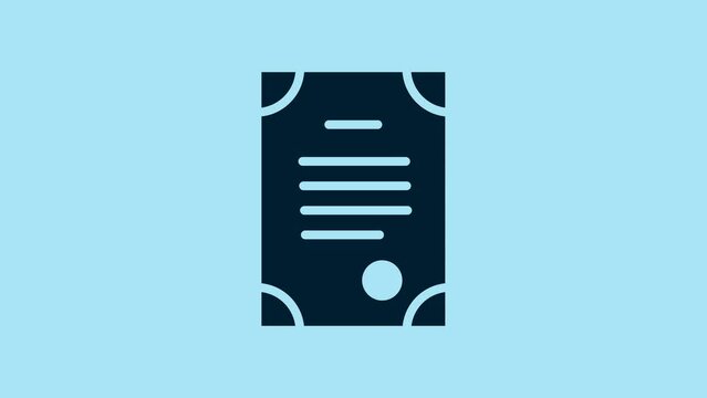 Blue Death certificate icon isolated on blue background. 4K Video motion graphic animation