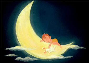 Vector digital painted night scene of baby kid sleeping on light moon and cluods on the dark sky textured illustration created with watercolor, oil and gouache brushes