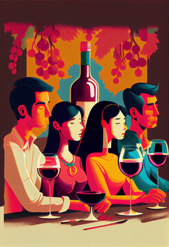 vintage and funny wine illustration with people and abstract people thinking and drinking glasses of wine, created with Generative AI technology