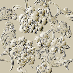 Peony flowers emboss 3d seamless pattern. Baroque Victorian style surface vector background. Blossom peonies textured vintage 3d ornaments. Repeat relief backdrop. Beautiful embossed floral texture