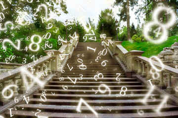 numerology, steps in a recreation park surrounded by numbers, concept of strategy and plans for the future