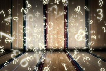 numerology, close-up hardback books, fanned out, surrounded by numbers	