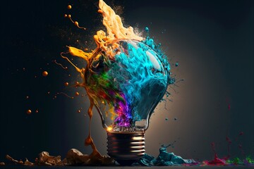 Light bulb lamp explodes with colorful ink paint and splashes. Think differently and out of the box idea. Generative AI