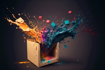 Cardboard box package surprise idea with colorful splash ink. Creative concept of out of the box thinking. Generative AI