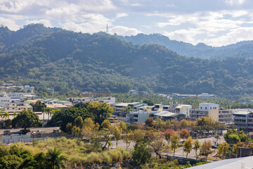 Obraz premium Sunny high angle view of the cityscape of Beitun District