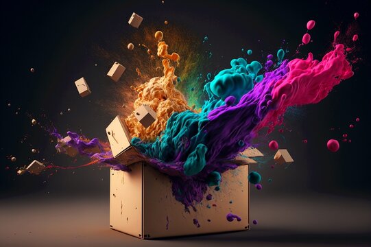 Cardboard Box Package Surprise Idea With Colorful Splash Ink. Creative Concept Of Out Of The Box Thinking. Generative AI