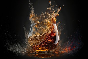 Whiskey or Rum Splashing out of a Glass on Black background and reflections. slow motion Alcohol luxury. Generative AI