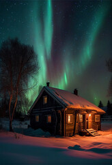 Northern lights over a village in norway. AI generated.