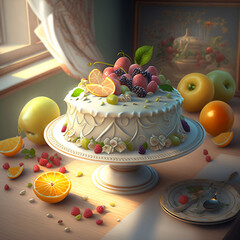 Cake with fruits and ornaments - Generative AI