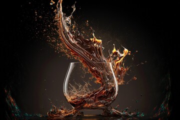 Whiskey or Rum Splashing out of a Glass on Black background and reflections. slow motion Alcohol luxury. Generative AI