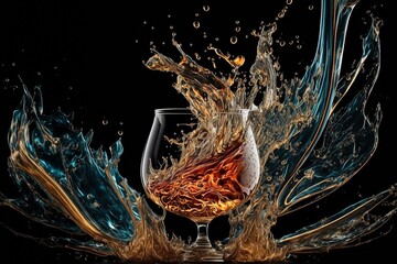 Whiskey or Rum Splashing out of a Glass on Black background and reflections. slow motion Alcohol luxury. Generative AI