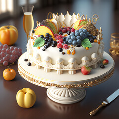 Beautiful Cake decorated with fruits - Generative AI