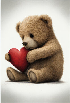 Cute teddy bear with a red heart in its paws. Valentine's Day. AI generated