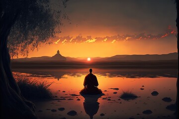 Naklejka na ściany i meble Meditation at sunset. Generative AI