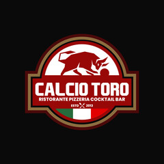 vintage retro classic luxury vector of bull toro bison cow longhorn playing football with stamp label badge emblem suitable for italian cuisine restaurant pizza pizzeria mocktail cafe bar logo design