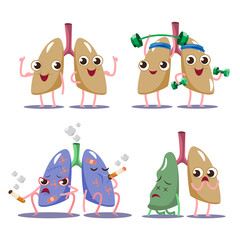 cute lung vector ,illustration, flat cartoon character good health strong, funny healthy smilling therapy ,respiratory, breath ,unhealthy beaten from smoke cigarette and atelectasis.