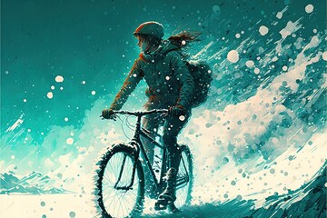 person riding a bike in the snow. Generative AI