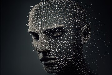 Human head shape made from a large grid of pins connected with string. Communication technology and mental health concept. Generative AI