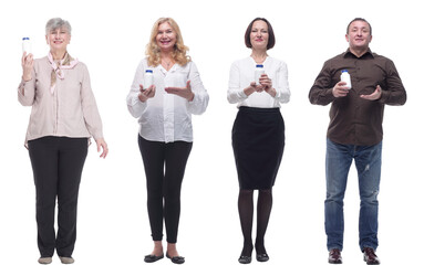 group of people taking a pill isolated