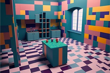 imaginary furniture in imaginary rooms – AI generated rooms with colorful glass tiles and unique furniture. Generative AI